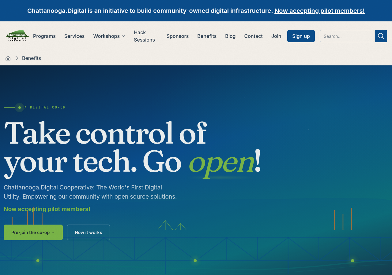 The Chattanooga.Digital homepage &mdash; the Gig City "Take control of your tech. Go open!" hero, the site this series builds.