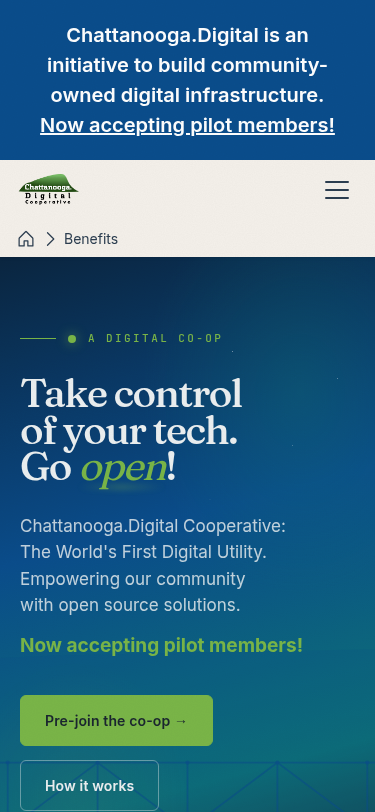 The Chattanooga.Digital site running locally at localhost:8081 after the Docker install.
