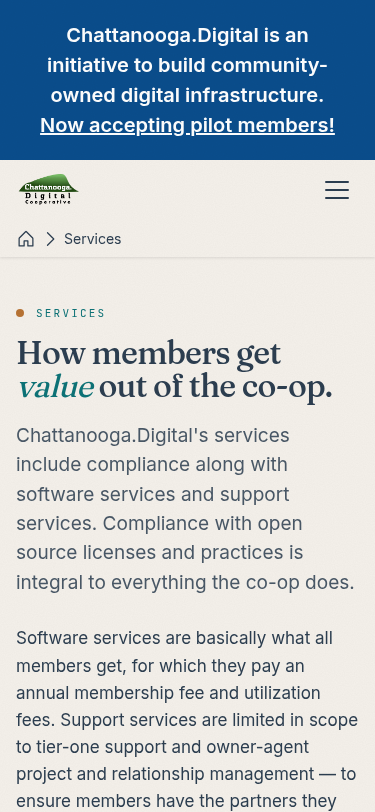 The Services page rendered in the Gig City brand &mdash; fiber-blue, the serif display headline &mdash; after the theme recipe.