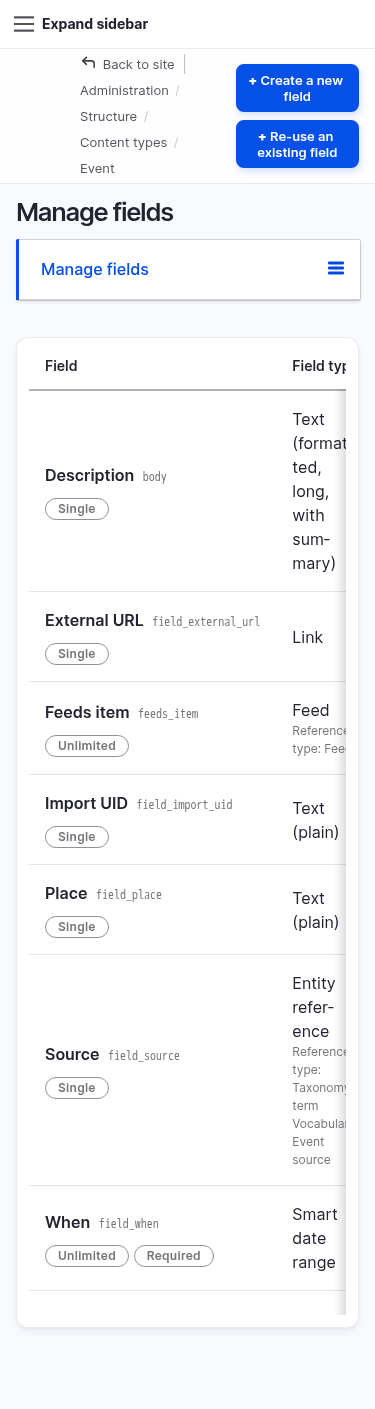The Event content type\x27s field list in the Drupal admin &mdash; When (Smart date, unlimited), Place, Source, External URL, Import UID.