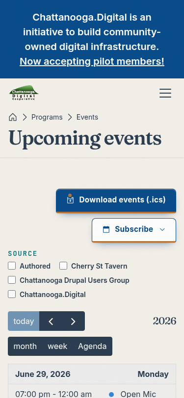 The /calendar page &mdash; upcoming events with source filters, a month/week/Agenda toolbar, and a Download .ics button.