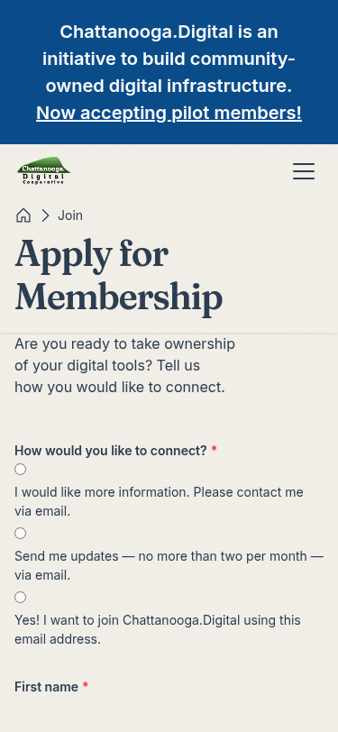 The membership webform &mdash; the single "How would you like to connect?" intent question that adapts the rest of the form.