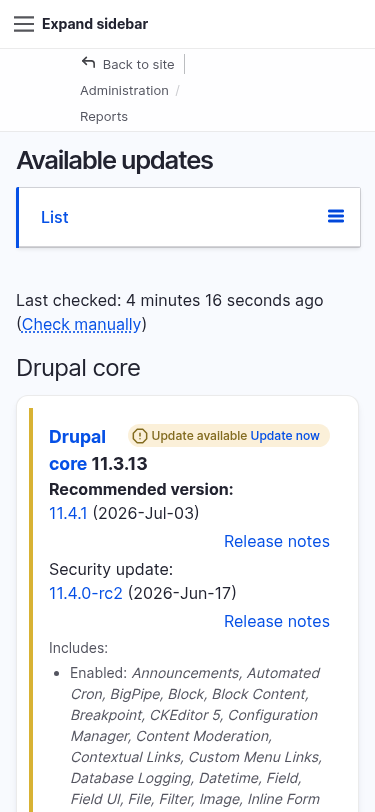 The Drupal "Available updates" report &mdash; how you see and apply security updates as part of ongoing maintenance.